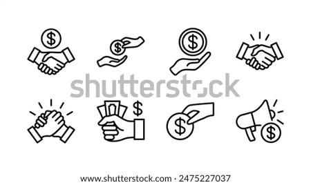 Business marketing thin line icon set. Containing sponsor, agreement, donation, handshake, partnership, trust, money, social media, megaphone, campaign, purchase, donation. Vector illustration