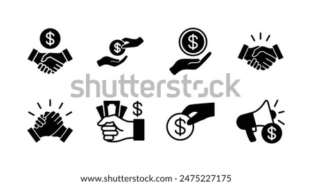 Business marketing icon set. Containing sponsor, agreement, donation, handshake, partnership, trust, money, social media, megaphone, campaign, purchase, donation. Vector illustration