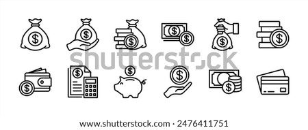 Money, budget, savings, loan, cash, earning, income, wallet, currency, dollar, card, coin, revenue, piggy bank, and profit icon set. Finance business thin line icon collection