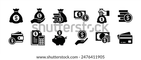 Money, budget, savings, loan, cash, earning, income, wallet, currency, dollar, card, coin, revenue, piggy bank, and profit icon set. Finance business icon collection