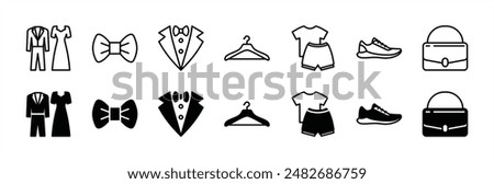 Event dress code thin line icon set. Containing clothes, tuxedo, shirt, suit, tie, shoe, hanger, and bag for fashion, wedding, ceremony, celebration, festival and other. Vector illustration