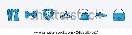 Set of event dress code icon. Containing clothes, tuxedo, shirt, suit, tie, shoe, hanger, and bag for fashion, wedding, ceremony, celebration, festival and other. Vector illustration