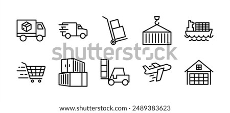 Cargo thin line icon set. Containing package shipping truck, fast delivery, handcart, cart, plane, container, warehouse or storage, forklift. Vector illustration