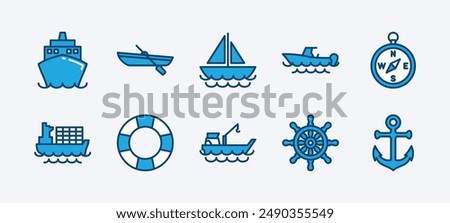 Set of ship icon. Shipping icon collection. Containing tanker, boat, cruise, yacht, sailboat, sail, compass, anchor, lifebuoy, ship's steering wheel, cargo, and float. Vector illustration