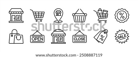 Shop or store line icon set. Containing bag and shopping cart, basket, map pin location, discount, open and close sign, sale, price tag, grocery, market, promotion, supermarket. Vector illustration