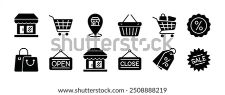 Shop or store icon set. Containing bag and shopping cart, basket, map pin location, discount, open and close sign, sale, price tag, grocery, market, promotion, supermarket. Vector illustration