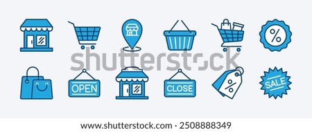 Set of shop or store icon. Containing bag and shopping cart, basket, map pin location, discount, open and close sign, sale, price tag, grocery, market, promotion, supermarket. Vector illustration