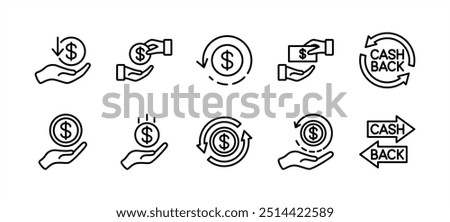 Cash back thin line icon set. Containing change money, rotation arrow sign symbol, refund, convert, deposit coin, purchase transaction, exchange, income, payment, revenue, receive, repay, pay off