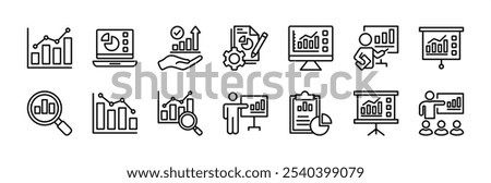 Data analytics thin line icon set. Containing statistics, database, monitoring, computing, technology, research, management, chart up and down, report, diagram, graph, information. Vector illustration