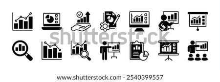 Data analytics flat icon set. Containing database, statistics, monitoring, computing, technology, research, management, chart up and down, report, diagram, graph, information. Vector illustration