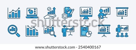 Set of data analytics icon. Containing database, statistics, monitoring, computing, technology, research, management, chart up and down, report, diagram, graph, information. Vector illustration