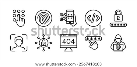 Secret code access thin line icon set. Containing fingerprint, scan barcode or QR scanner, pattern, coding, cyber security pin technology, password, face lock or ID, padlock, error, and hacker vector