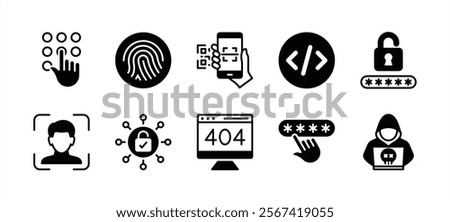 Secret code access icon vector set. Containing fingerprint, scan barcode or QR scanner, pattern, coding, cyber security pin technology, password, face lock or ID, padlock, error or 404, hacker