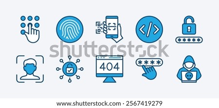 Set of secret code access icon. Contains fingerprint, scan barcode or QR scanner, pattern, coding, cyber security pin technology, password, face lock or ID, padlock, error, hacker. Vector illustration