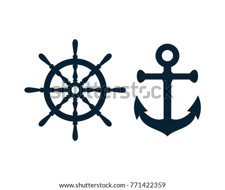 Ship and Boat Helm Steering Wheel and Ancor Illustration Logo Symbol