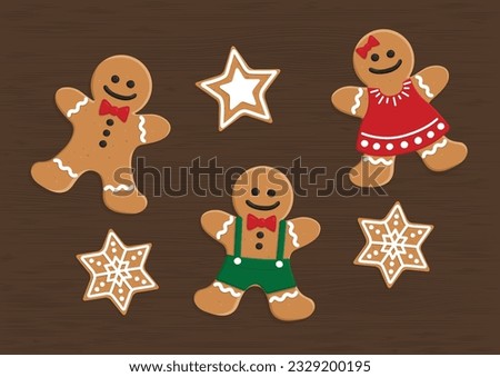 Top view vector illustration of gingerbread man, woman,  star and snowflakes