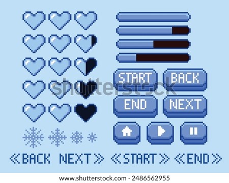 Game pixel health bar hearts UI - Blue snow theme (editable pixel squares)