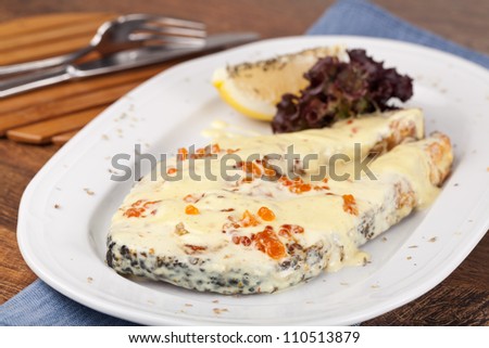 grilled salmon with white caviar sauce