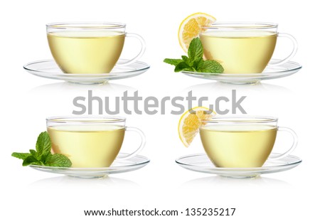 Cup of green tea with mint and lemon on a white background
