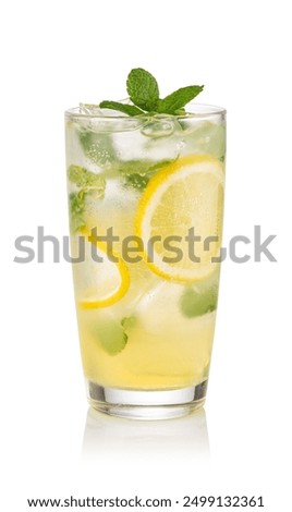 Similar – Image, Stock Photo Cool lemonade with juicy nectarine in glass and yellow drinking straw on a white tray full of ice cubes