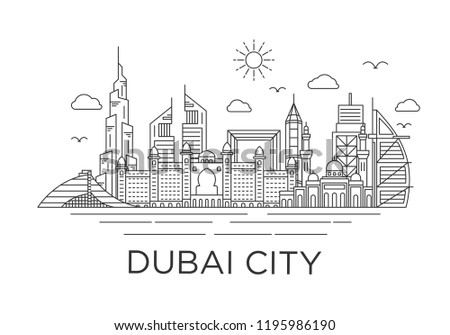 dubai city skyline background with iconic concept use for background banner and tshirt design template, uni arab emirates landmarks 商業照片 © 