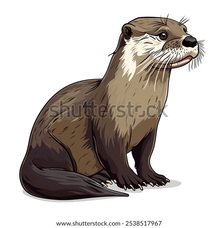 River otter sitting. Realistic illustration of cute animal. Vector illustration on white background