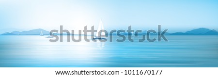 Vector blue sea, sky  background and yachts.