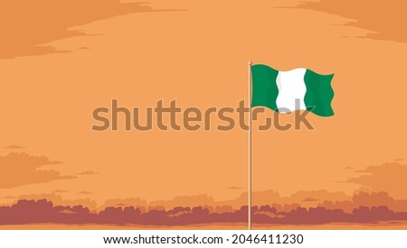 Detailed flat vector illustration of a flying flag of Nigeria in front of a cloudy sky background. Room for text.