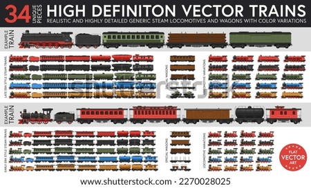 Highly detailed flat vector illustration of a set of generic steam trains from two eras. 34 unique pieces of locomotives and wagons with five color variations. Graphical resources.