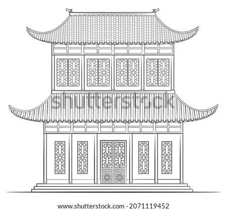 Drawing of classic chinese building - black and white illustration