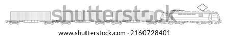 Modern cargo train with containers - outline vector stock illustration.