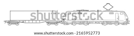 Modern cargo train with container - outline vector stock illustration.