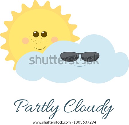 Cute cartoon weather icon of smiling anthropomorphic cloud wearing sunglasses as security staff and hiding behind it sun which symbolize partly cloudy day