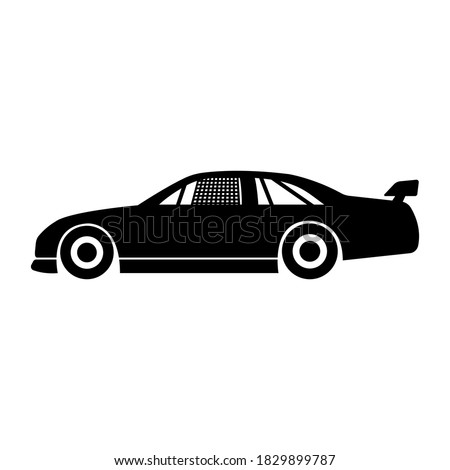 Sports racing car icon. Black silhouette. Side view. National Stock Car Racing Association. Vector flat graphic illustration. The isolated object on a white background. Isolate.