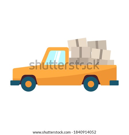 Pickup truck icon. Car loaded with cardboard boxes. Side view. Colored silhouette. Cartoon drawing. Vector flat graphic illustration. The isolated object on a white background. Isolate.