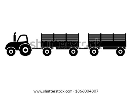 Farm tractor with trailers icon. Black silhouette. Side view. Vector flat graphic illustration. The isolated object on a white background. Isolate. 商業照片 © 