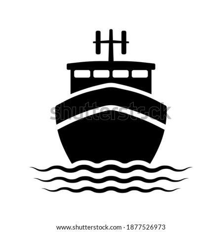 Ship icon. Fishing boat. Black silhouette. Front view. Vector flat graphic illustration. The isolated object on a white background. Isolate.