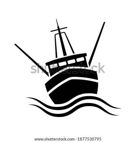 Ship icon. Fishing boat. Black silhouette. Front view. Vector flat graphic illustration. The isolated object on a white background. Isolate.