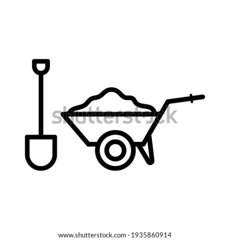 Garden wheelbarrow and shovel icon. Black contour linear silhouette. Side view. Vector simple flat graphic illustration. The isolated object on a white background. Isolate.