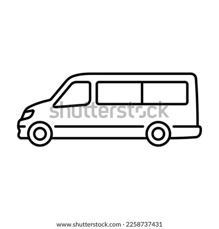 Minibus icon. Small passenger bus. Black contour linear silhouette. Side view. Editable strokes. Vector simple flat graphic illustration. Isolated object on a white background. Isolate.