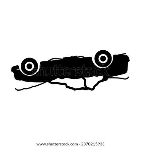 Overturned damaged car icon. Accident, disaster. Road accident. Black silhouette. Side view. Vector simple flat graphic illustration. Isolated object on a white background. Isolate.