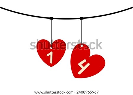 Hearts hanging on a rope. Holiday February 14th. Valentine's Day. Colored silhouette. Horizontal front view. Vector simple flat graphic illustration. Isolated object on a white background. Isolate.