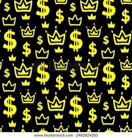 Small yellow dollar signs and crowns isolated on a black background. Monochrome seamless pattern. Vector simple flat graphic hand drawn illustration. Texture.