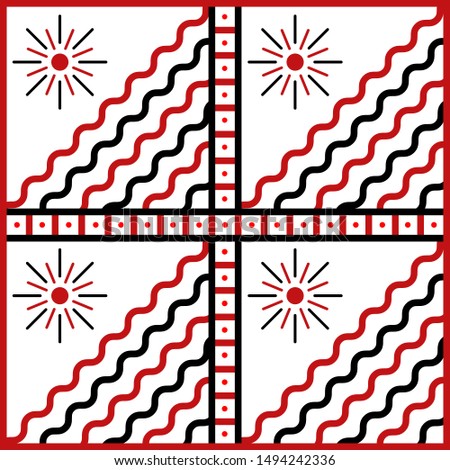 Scandinavian style. Simple graphic ethno pattern, with signs of Solaris. Pattern for embroidery on clothes. Can be used as a sample of tiles, printing on fabric, paper design, scrapbooking.
