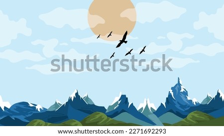 blue clear sky background, Clean Sky, 2d Cartoon, Anime style background, clouds, weather, summer season outdoor, Bird fly in sky, flying Bird in clud, Mount, Vector, Vector BG, landscape,