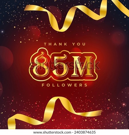 Golden 85M isolated on red background, Thank you followers peoples, 1M online social group, 80M Million followers celebration.