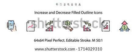 Increase and Decrease Filled Outline Icons. Colorful Linear Set Vector Line Icon. Finance Chart, Trend, Abstract Graph and more. 64x64 Pixel Perfect. Editable Stroke.