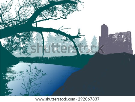 Panoramic landscape with castle, river and silhouettes of trees