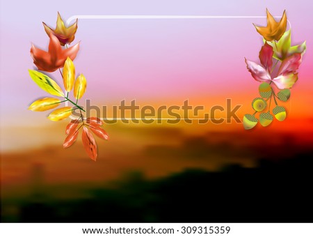 Autumn nostalgic blurred misty landscape with colorful leaves, acorns and frame