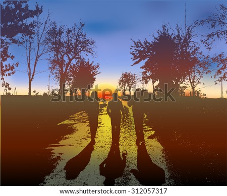Dark landscape with silhouettes of three boys on the road at sunset